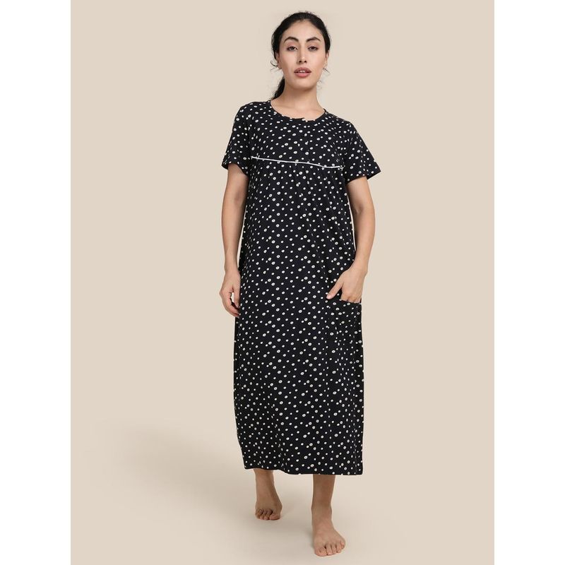 Kryptic Womens Navy Blue Printed Pure Cotton Maxi Nightdress (M)
