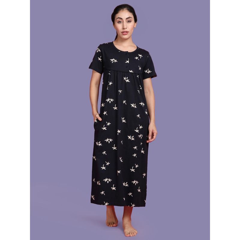 Kryptic Womens Black Printed Pure Cotton Maxi Nightdress (L)