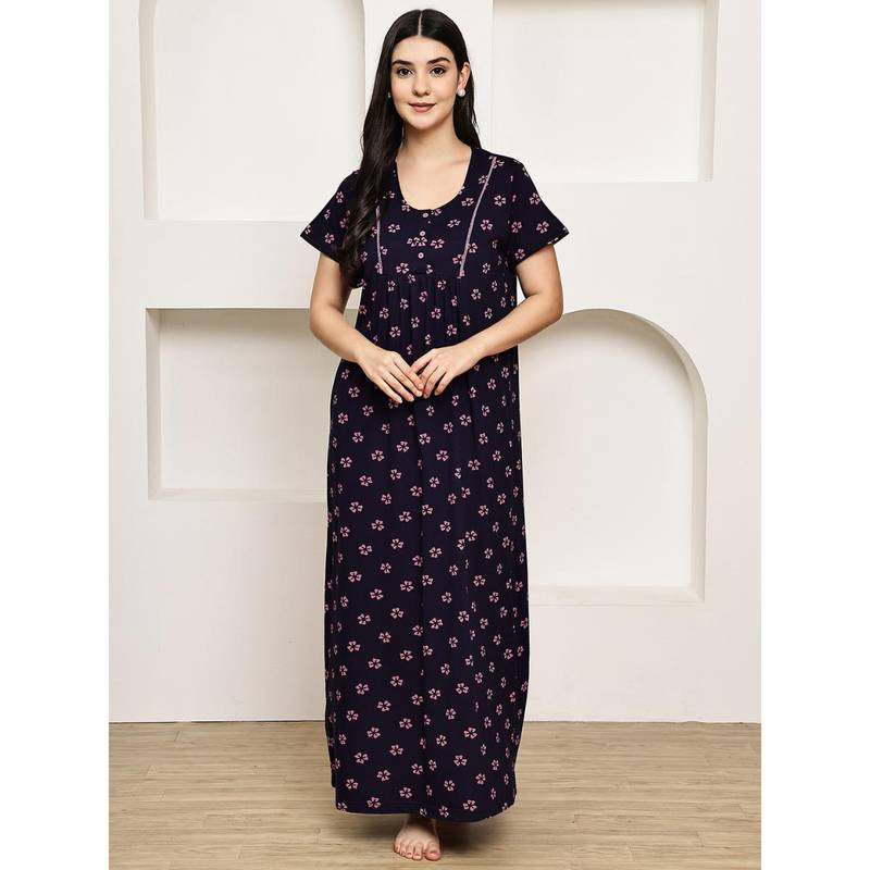 Secret Wish Navy Blue Floral Hosiery Nighty (2XL)