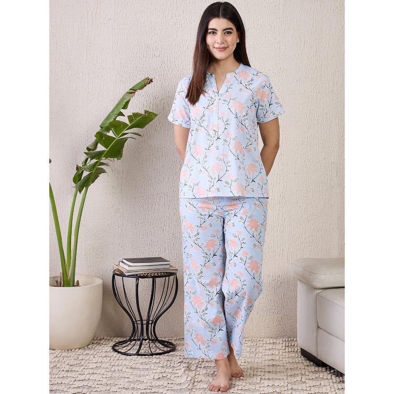 July Nightwear Womens WPC726 Cotton Light Blue Short Kurti with Pyjama (L)