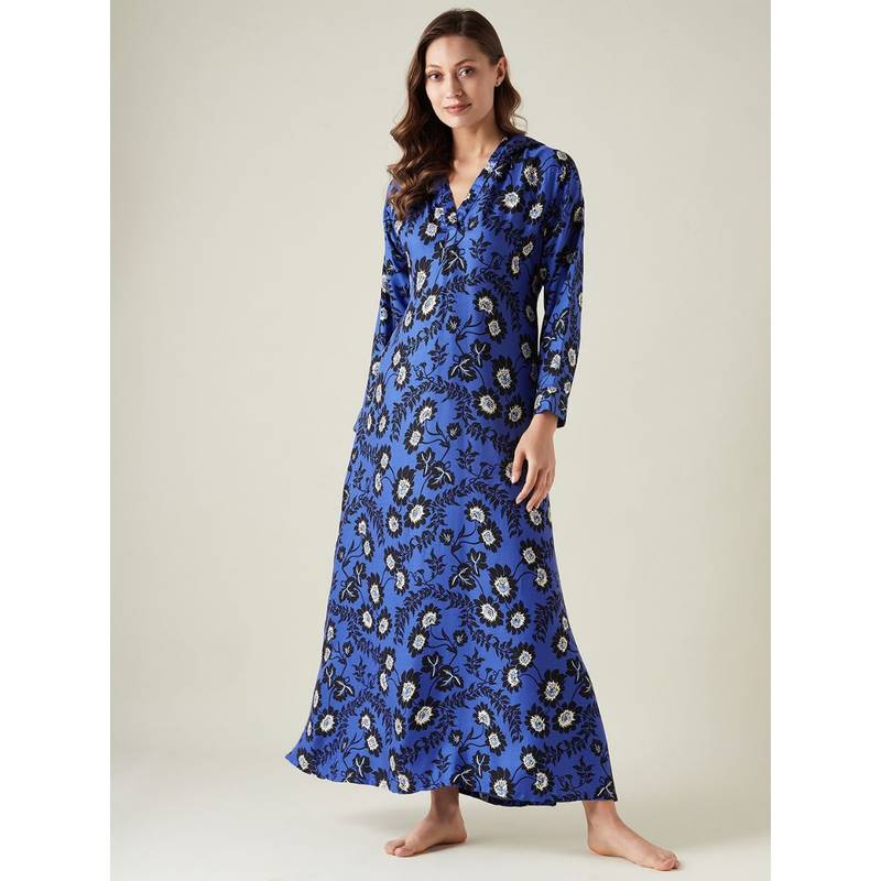 The Kaftan Company Blue Floral Hoodie Lounge Dress (S)
