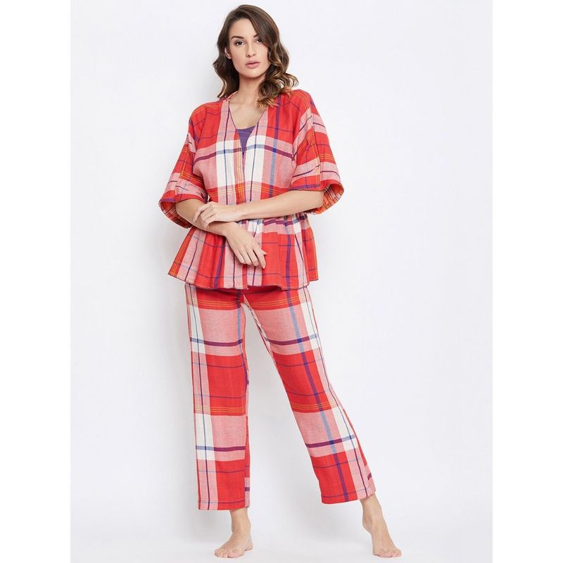 The Kaftan Company Red and Orange Reversible Night Suit (Set of 3) (2XL)