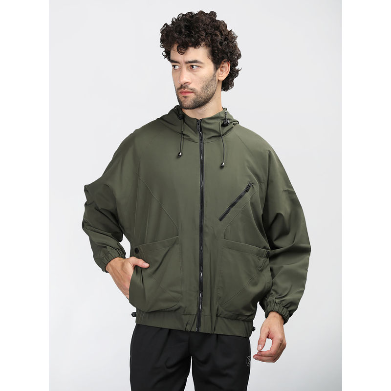 CHKOKKO Mens Olive Solid Full Sleeves Hooded Jacket (4XL)