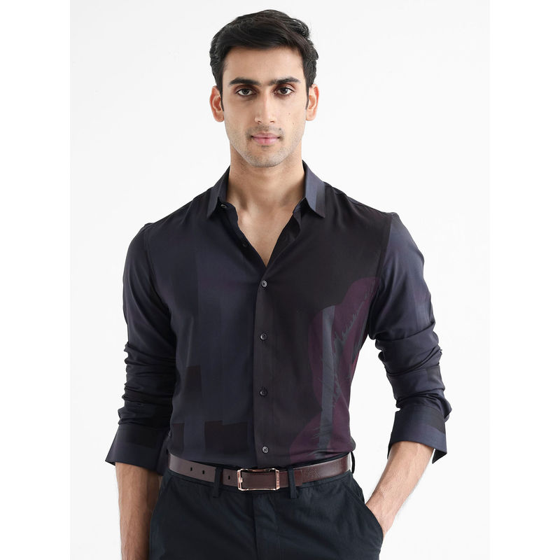 Rare Rabbit Andron Dark Grey Abstract Regular Fit Shirt (XL)