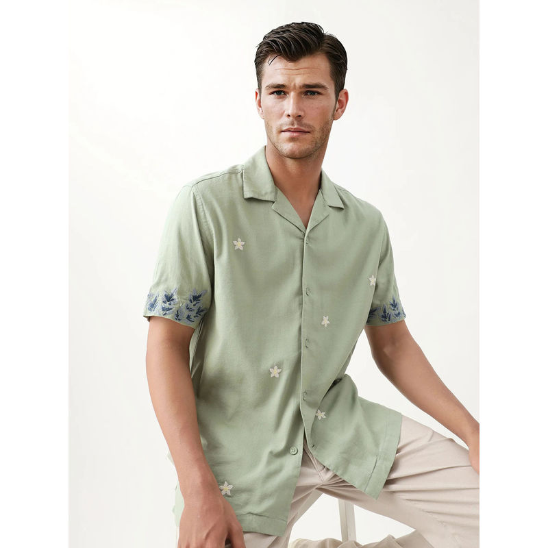 Rare Rabbit Aria Green Embroidered Boxy Fit Shirt (M)