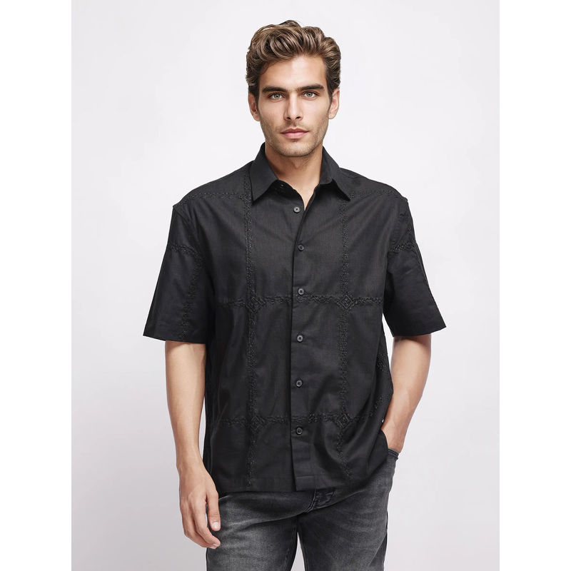 Rare Rabbit Basko Black Embroidered Regular Fit Shirt (XS)