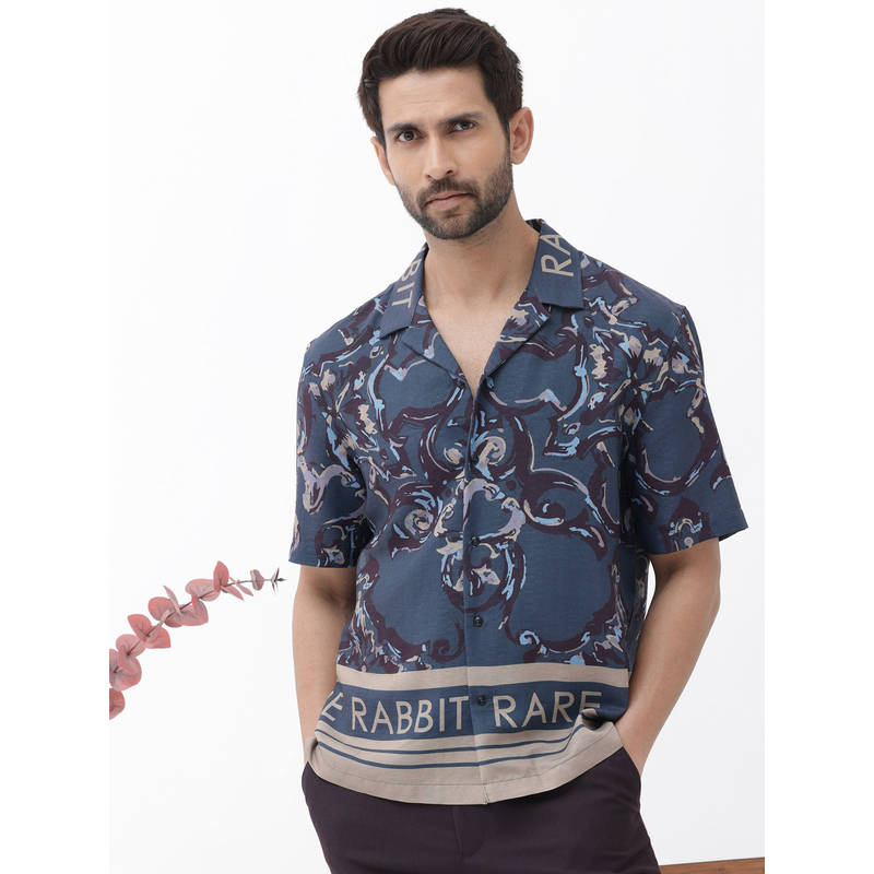 Rare Rabbit Bordi Dark Navy Abstract Boxy Fit Shirt (L)