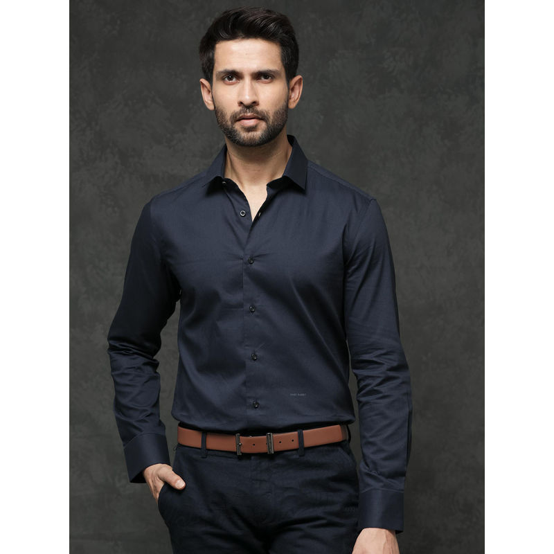 Rare Rabbit Bovec Navy Textured Regular Fit Shirt (M)