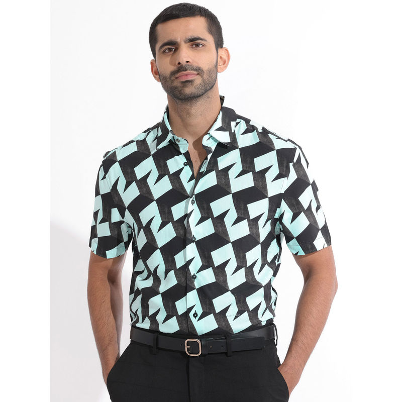 Rare Rabbit Brimmer Light Blue Geometric Regular Fit Shirt (M)