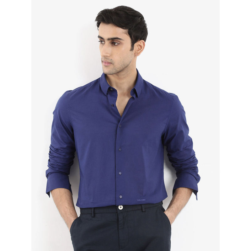 Rare Rabbit Cambric Dark Navy Blue Plain Regular Fit Shirt (L)