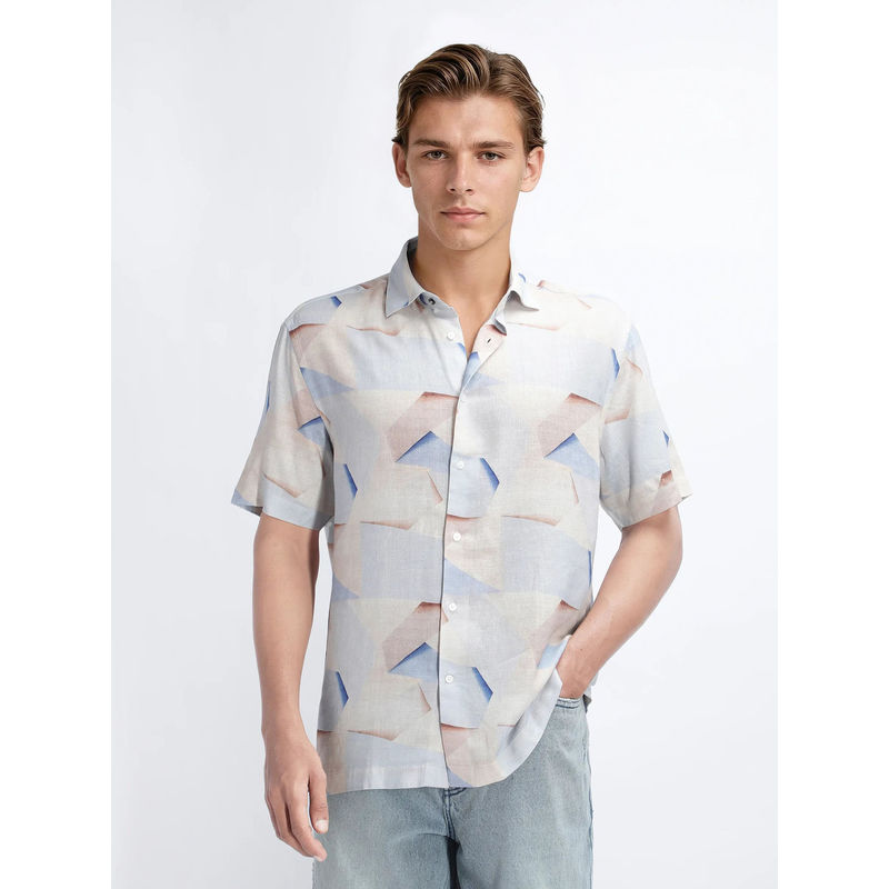 Rare Rabbit Fing Blue Abstract Regular Fit Shirt (S)