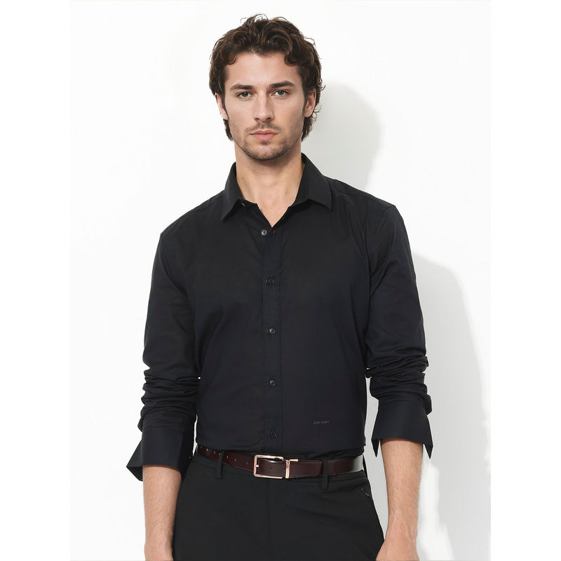 Rare Rabbit Full Sleeve Black Plain Regular Fit Shirt (M)