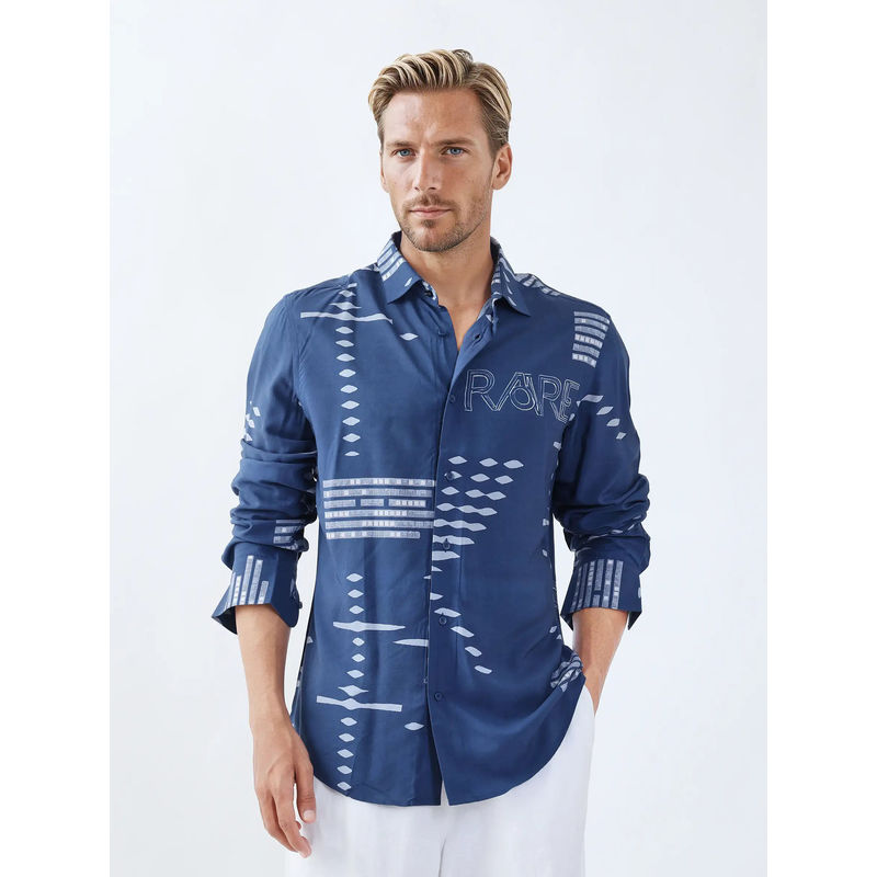 Rare Rabbit Gigano Full Sleeves Dusky Blue Digital Print Regular Fit Shirt (L)