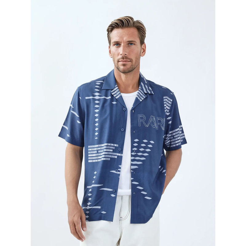 Rare Rabbit Gigano Half Sleeves Dusky Blue Digital Print Regular Fit Shirt (M)