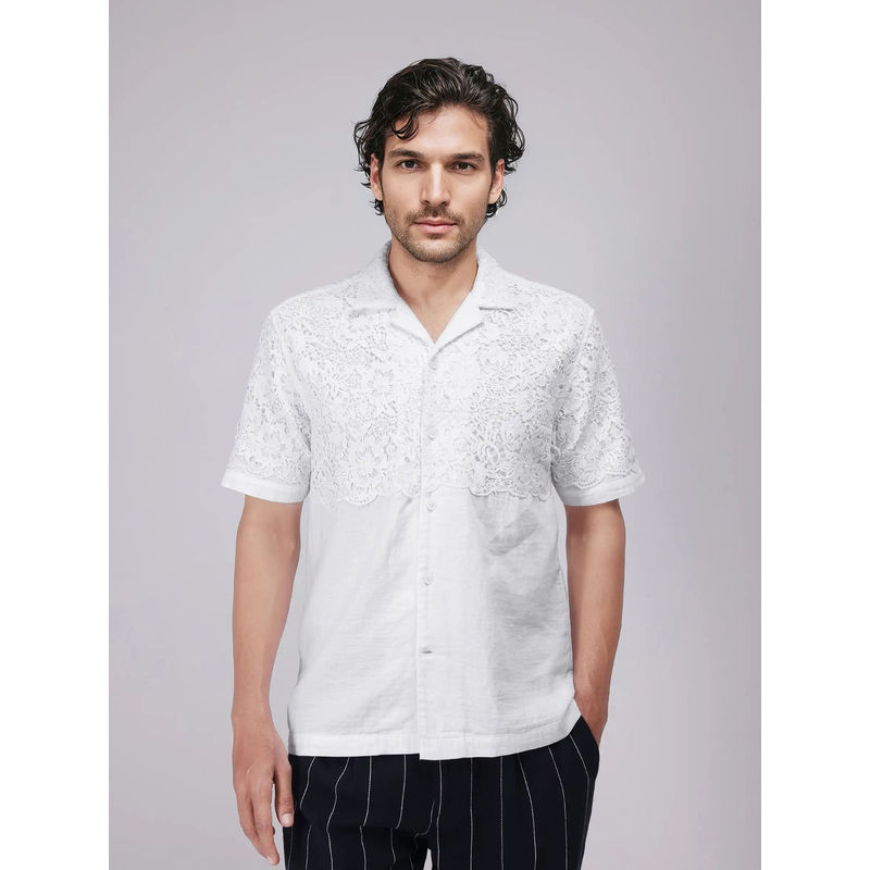 Rare Rabbit Lassen Short Sleeves White Embroidered Boxy Fit Shirt (XS)