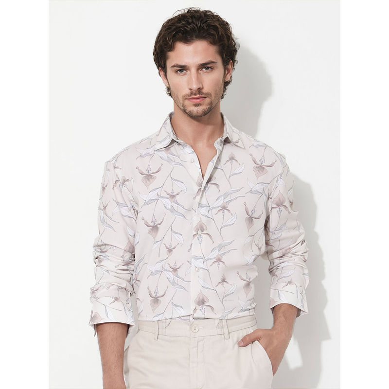 Rare Rabbit Len Beige Floral Print Regular Fit Shirt (S)