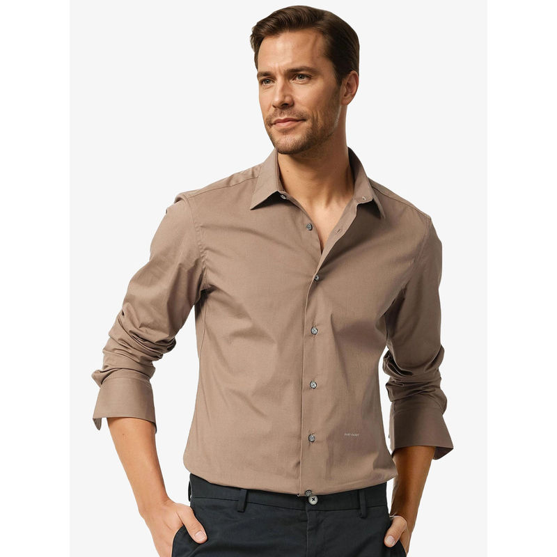 Rare Rabbit Neutrons Brown Plain Regular Fit Shirt (M)