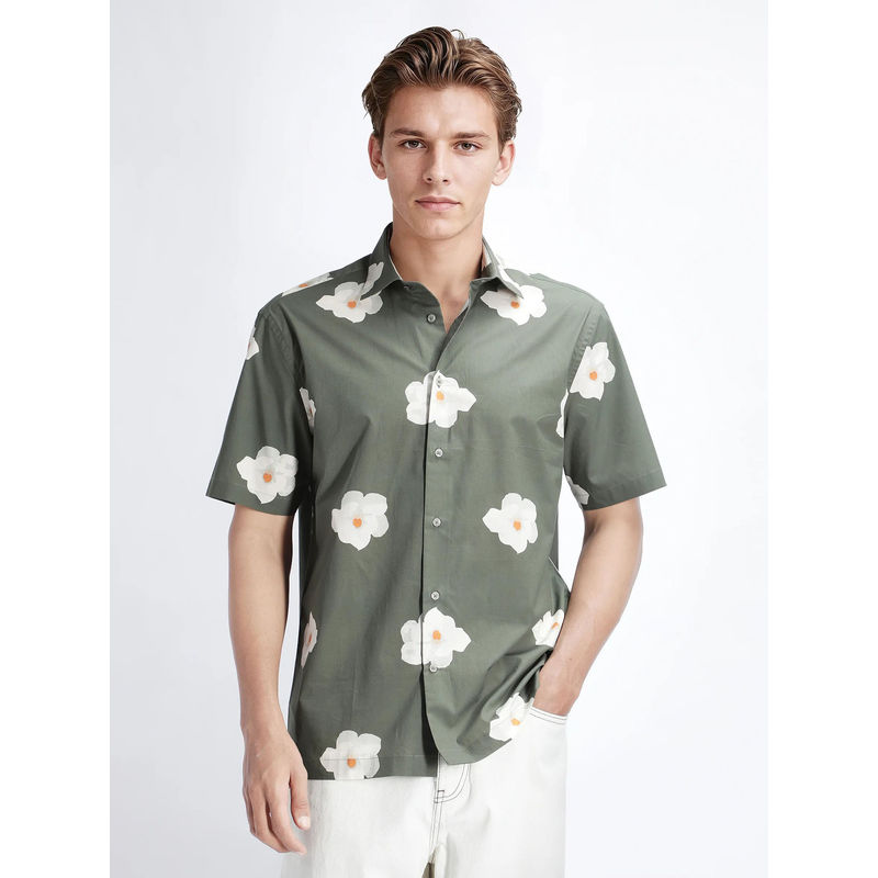 Rare Rabbit Nort Olive Floral Print Regular Fit Shirt (M)