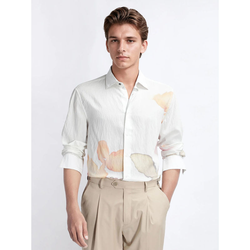 Rare Rabbit Nura White Jacquard Regular Fit Shirt (M)