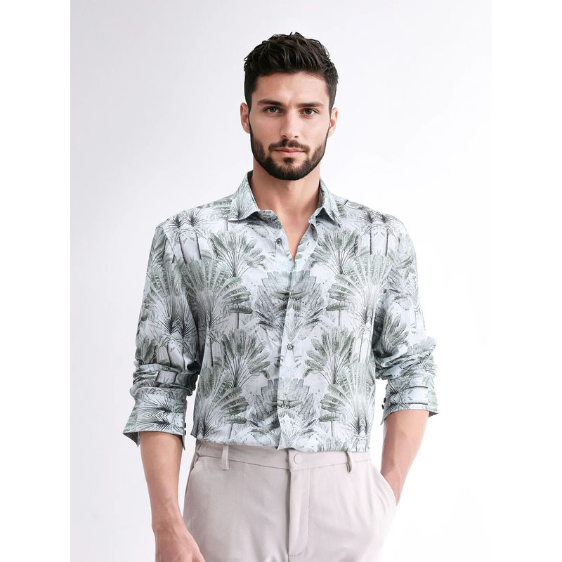 Rare Rabbit Reca Light Grey Abstract Regular Fit Shirt (L)