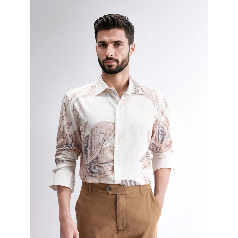 Rare Rabbit Taks White Floral Print Regular Fit Shirt (M)