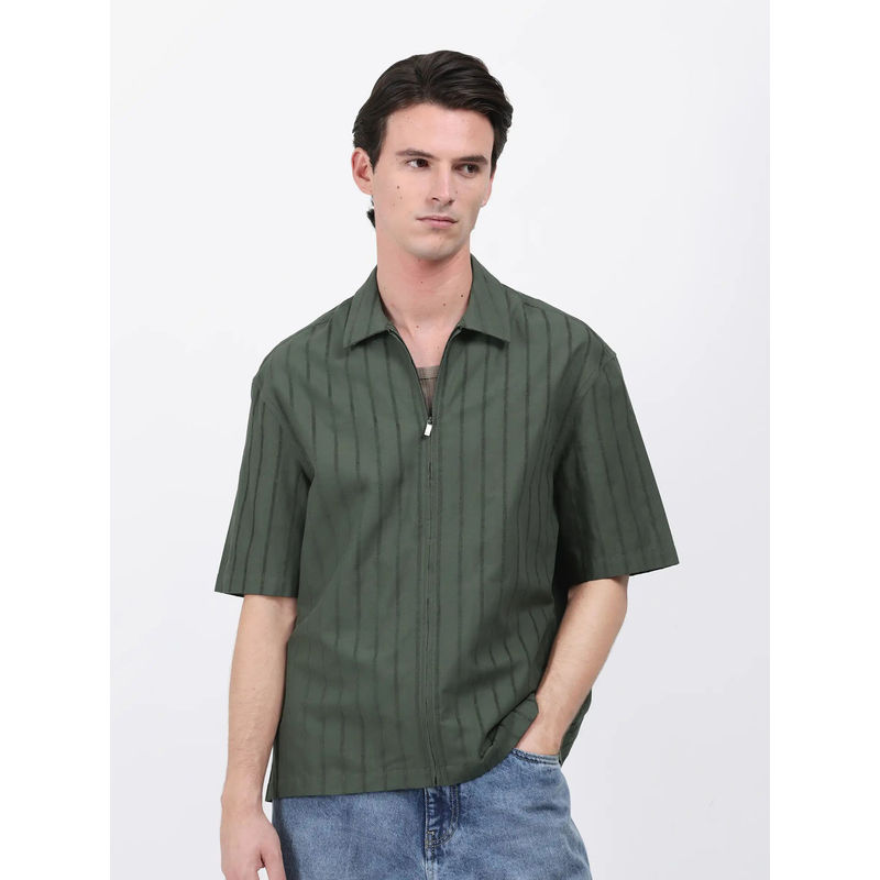 Rare Rabbit Tenerz Dark Green Striped Boxy Fit Shirt (XS)