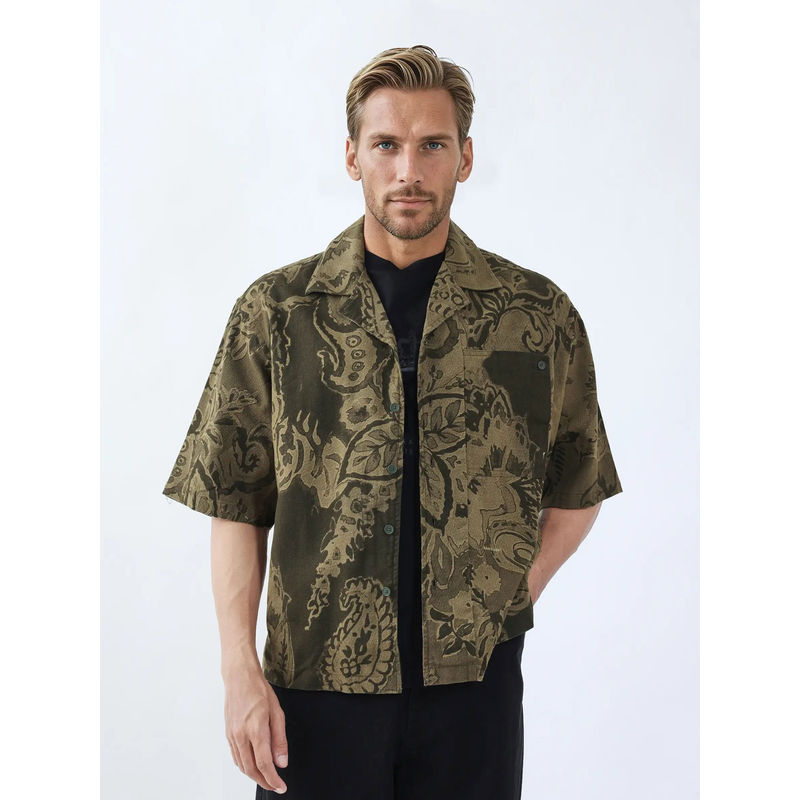 Rare Rabbit Trish Olive Paisley Print Boxy Fit Shirt (M)