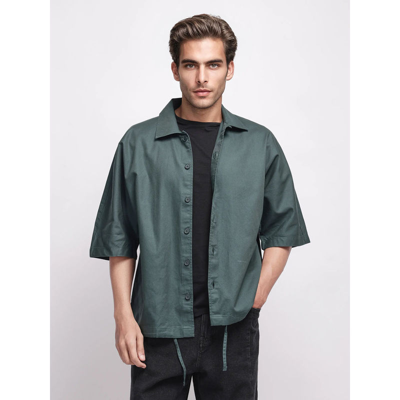 Rare Rabbit Twill Dark Green Plain Oversized Shirt (XS)