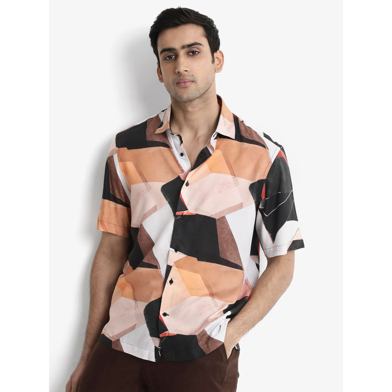 Rare Rabbit Wabe Peach Abstract Boxy Fit Shirt (XS)