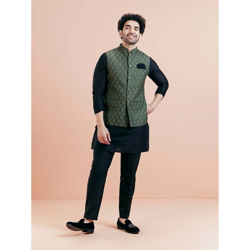 KISAH Men Green Woven Kurta with Pant and Nehru Jacket (Set of 3) (38)