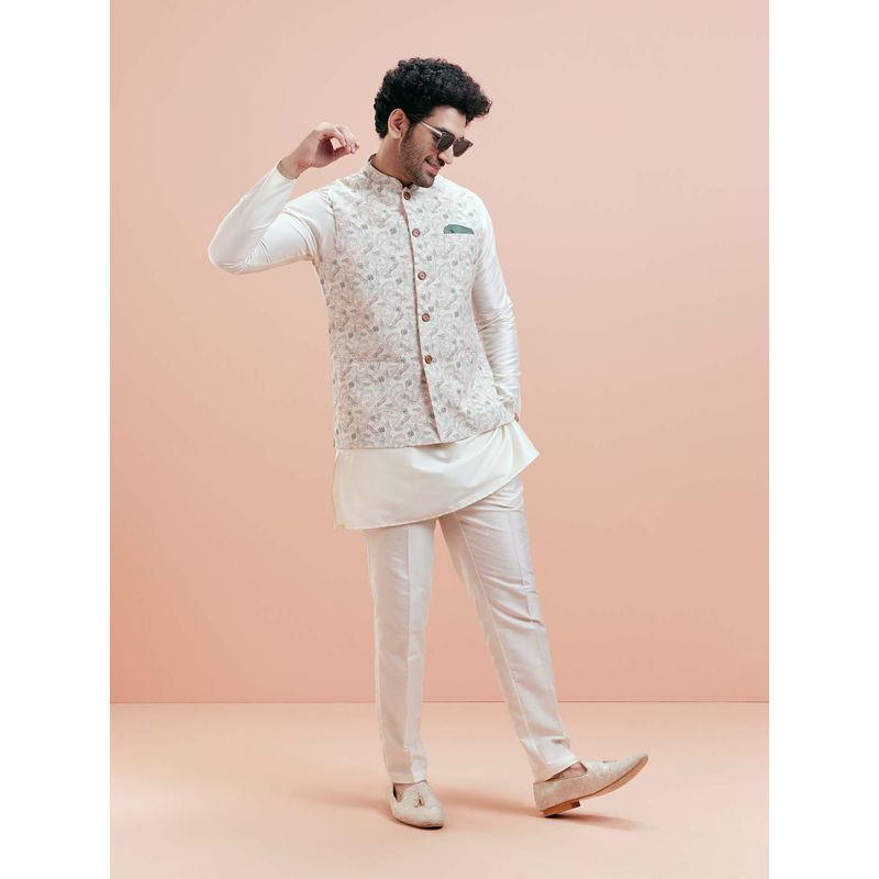 KISAH Men White Printed Kurta with Pant and Nehru Jacket (Set of 3) (42)