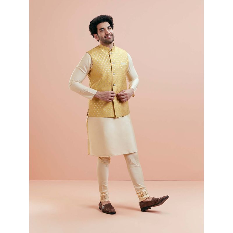 KISAH Men Yellow Woven Kurta with Churidar and Nehru Jacket (Set of 3) (38)