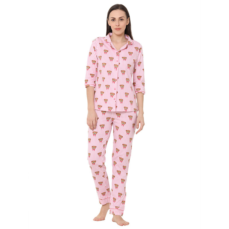 Sweet Dreams Women's Striped 3/4th Sleeves Cotton Top   Pyjama Nightsuit Set   Pink