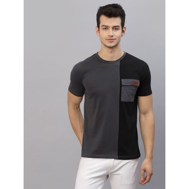 RIGO Men Dark Grey Black Cut & Sew Round Neck Cotton Half Sleeve T-Shirt (L)