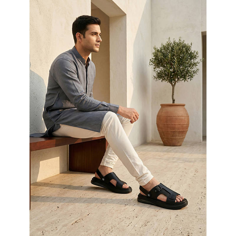 REGAL Black Men Textured Leather Sandals (UK 10)