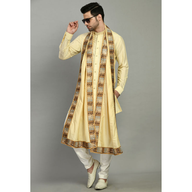 ONE MAN SHOW Men Solid Yellow Kurta & Pant with Dupatta (Set of 3) (XS)
