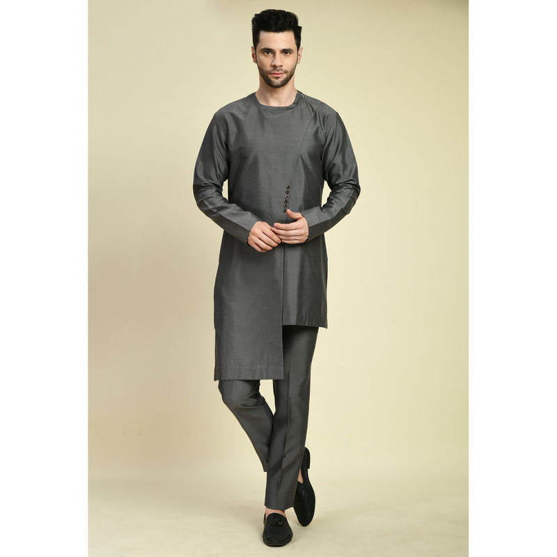ONE MAN SHOW Men Solid Grey Kurta & Pant (Set of 2) (XS)