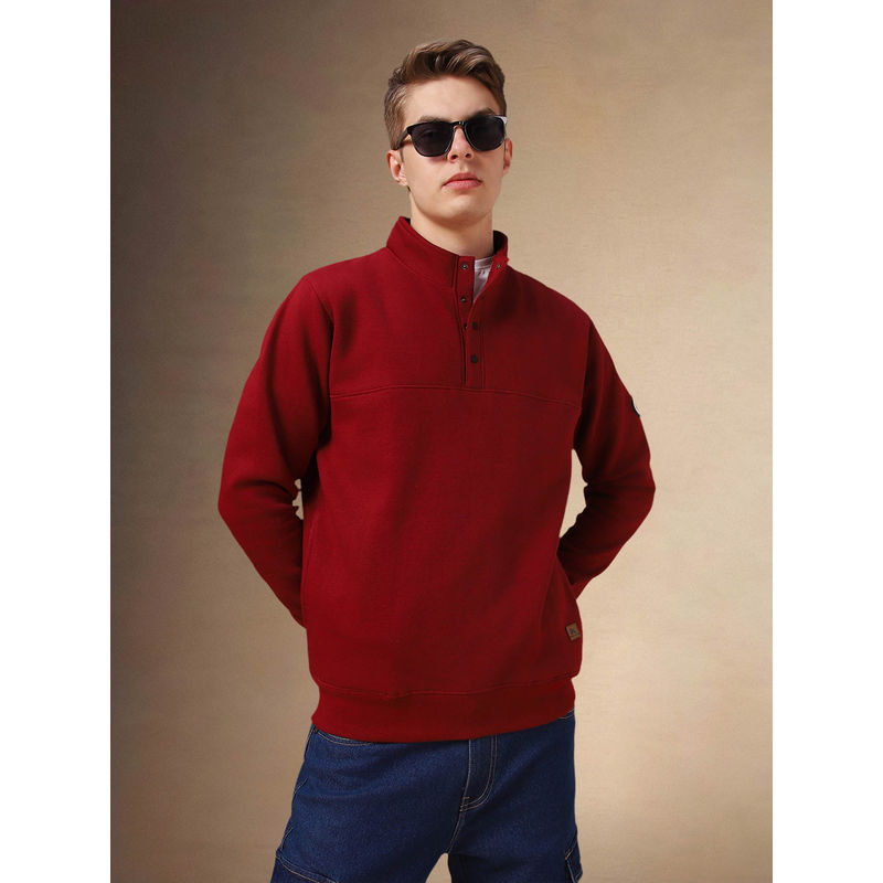 Dennis Lingo Men Maroon Solid High Neck Full Sleeves Pullover Sweatshirt (S)