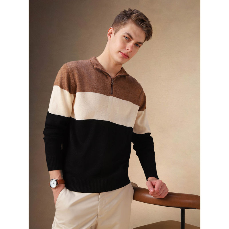 Dennis Lingo Men Multicolor Colourblocked Mock Collar Full Sleeves Pullover Sweatshirt (L)