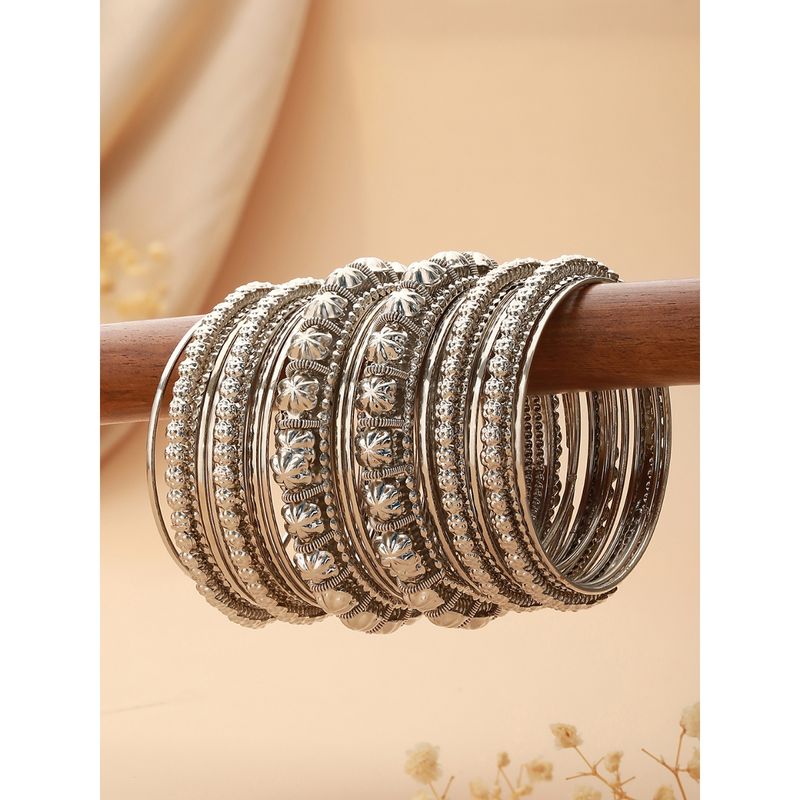 Jazz and Sizzle Set of 18 Silver-Plated Textured Oxidised Bangles Set (2.8)
