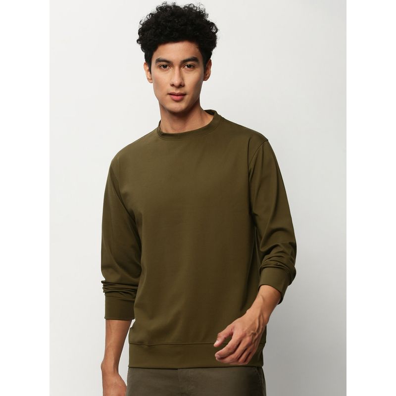 SHOWOFF Men Round Neck Solid Olive Sweatshirt (M)