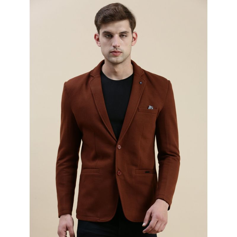 SHOWOFF Men Solid Notched Lapel Coffee Brown Open Front Blazer (M)