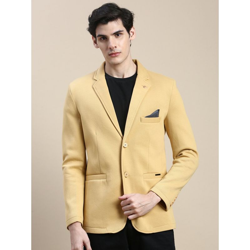 SHOWOFF Men Notched Lapel Solid Mustard Open Front Blazer (XL)