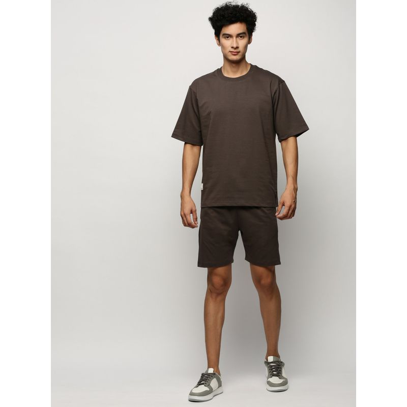 SHOWOFF Men Round Neck Taupe Solid Co-Ord (Set of 2) (M)