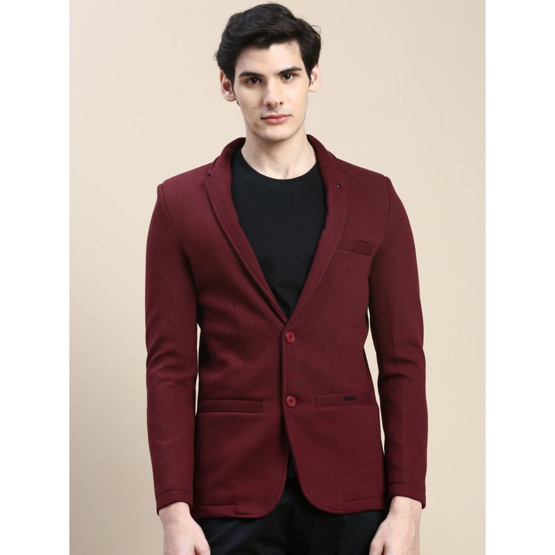 SHOWOFF Men Notched Lapel Solid Burgundy Single Breasted Blazer (S)