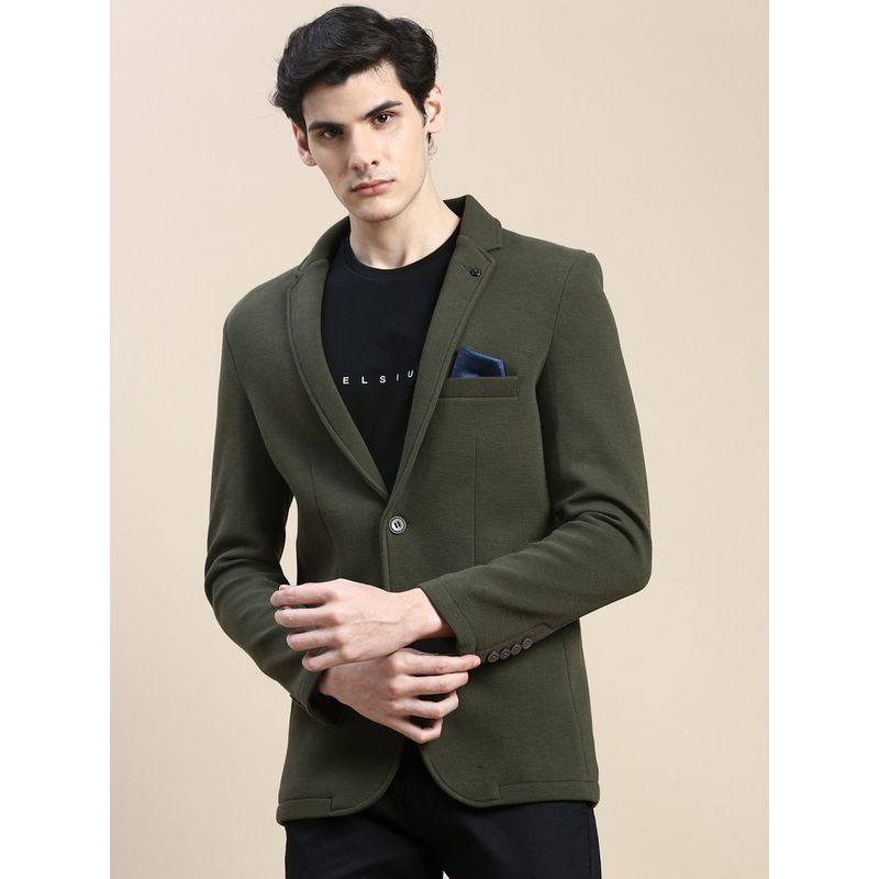 SHOWOFF Men Notched Lapel Solid Olive Single Breasted Blazer (M)
