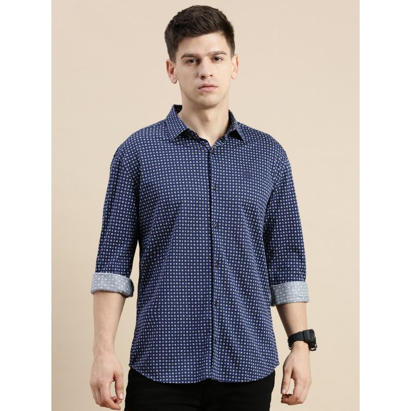 SHOWOFF Men Spread Collar Navy Blue Slim Fit Printed Shirt (M)