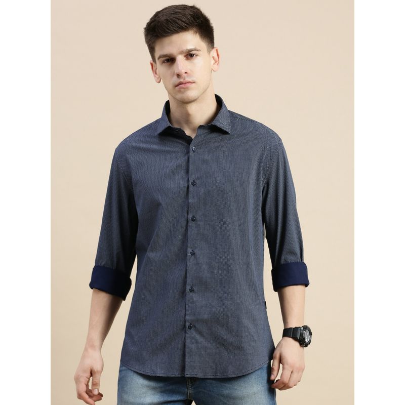 SHOWOFF Men Long Sleeves Spread Collar Navy Blue Polka Dot Printed Slim Fit Shirt (XL)