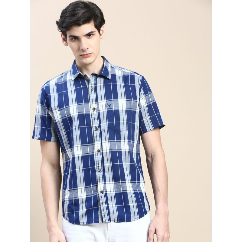 SHOWOFF Men Short Sleeves Spread Collar Blue Checked Slim Fit Shirt (4XL)