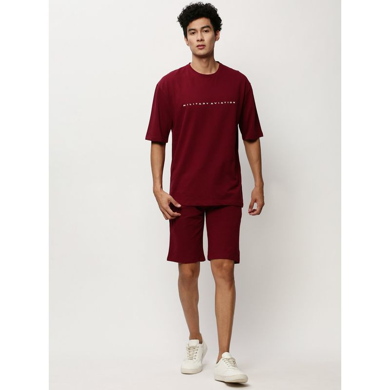 SHOWOFF Men Round Neck Maroon Solid Co-Ord (Set of 2) (S)